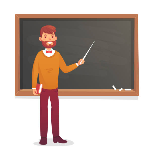 chalkboard-and-professor-college-or-university-teacher-teach-at-vector-id990361620